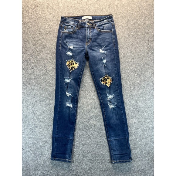 KanCan Denim - Distressed Dark Wash Women’s Jeans with Leopard Patch